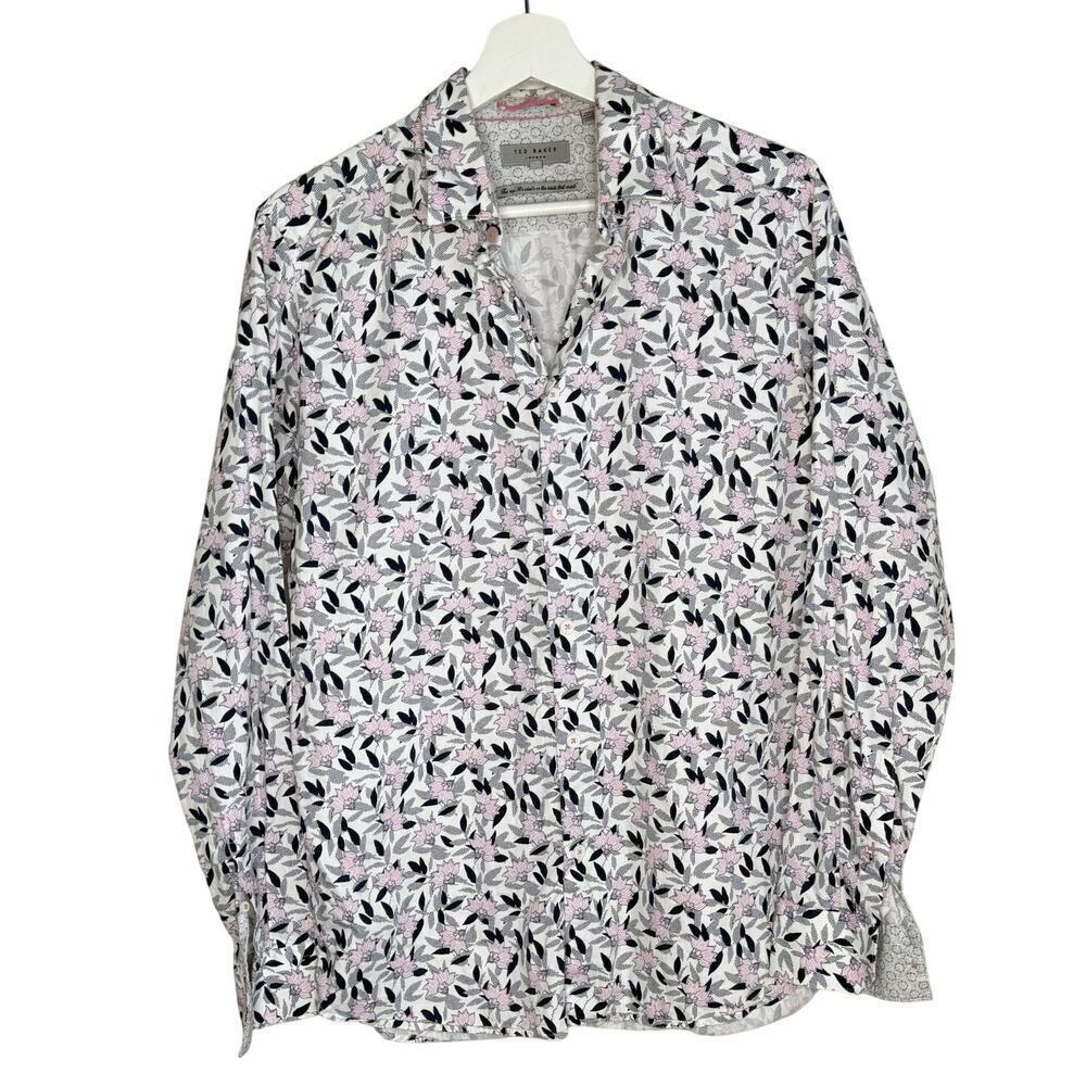 Ted Baker Cotton Floral Long Sleeve Button-Up Shirt White/Black/Pink Mens 3 (M)